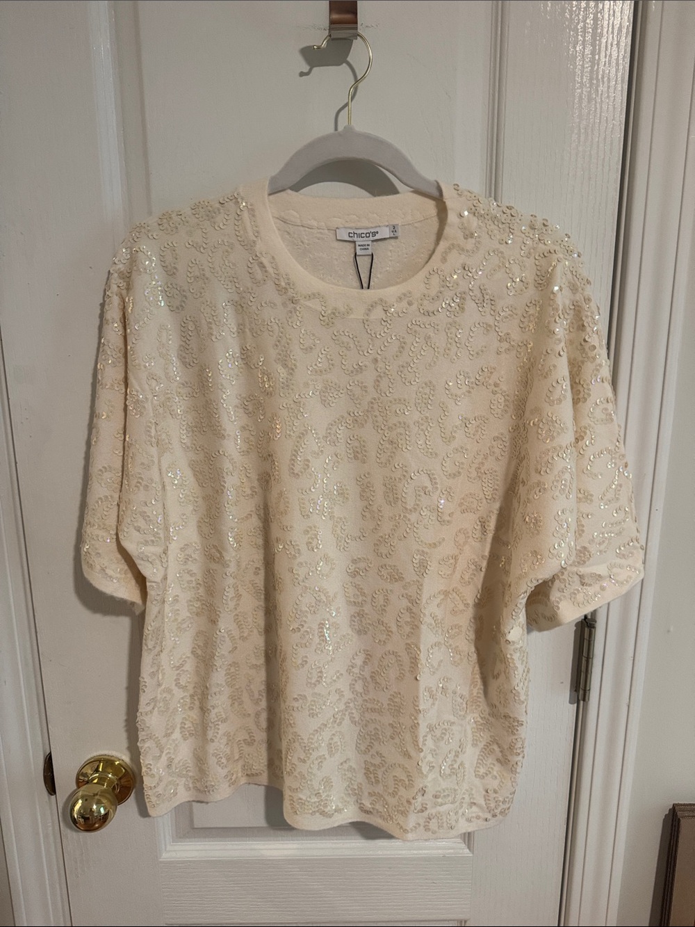 Chico's Cream Sequin Short Sleeve Sweater